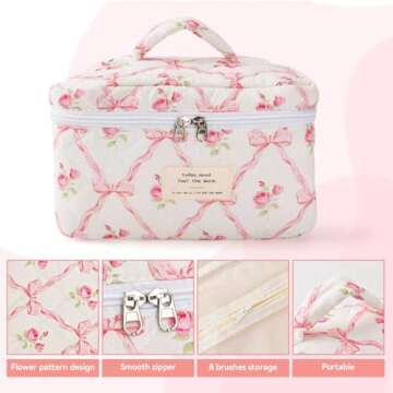 MZLUWM Large Travel Quilted Makeup Bag，Cute Bow Cotton cosmetic bag, Fashionable aesthetic makeup bag,Coquette Aesthetic Floral Travel Toiletry Bag for Women and Girls