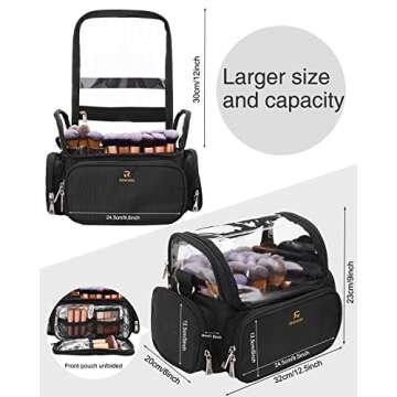 Makeup Brush Case, Stand-up Makeup Brush Holder Travel Makeup Bag Large Professional Makeup Artist Storage Cup Clear Waterproof Cosmetic Organizer Bag with Adjustable Strap and Dividers (Black)