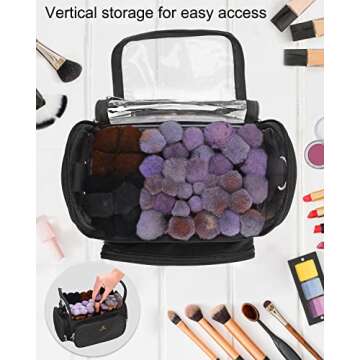 Makeup Brush Case, Stand-up Makeup Brush Holder Travel Makeup Bag Large Professional Makeup Artist Storage Cup Clear Waterproof Cosmetic Organizer Bag with Adjustable Strap and Dividers (Black)