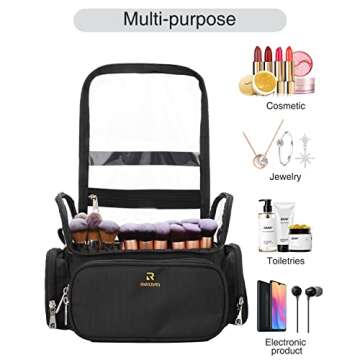 Makeup Brush Case, Stand-up Makeup Brush Holder Travel Makeup Bag Large Professional Makeup Artist Storage Cup Clear Waterproof Cosmetic Organizer Bag with Adjustable Strap and Dividers (Black)