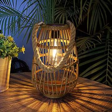 Solar Lantern Outdoor Waterproof Large Rattan Lanterns Decorative Bright Boho Lanterns Lights with Handle Rustic Hanging or Table Lamp for Fence Porch Garden Yard Wedding Decoration