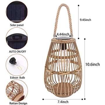 Solar Lantern Outdoor Waterproof Large Rattan Lanterns Decorative Bright Boho Lanterns Lights with Handle Rustic Hanging or Table Lamp for Fence Porch Garden Yard Wedding Decoration