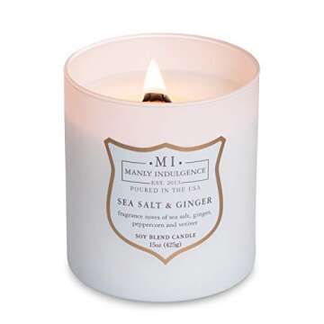 Manly Indulgence Sea Salt & Ginger Scented Jar Candle, Wood Wick, Premium Soy Blend White Wax, 60 hr Burn, Matte White Jar Candle for Home and Men, 15 oz - USA Poured