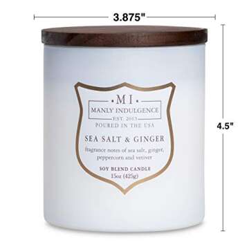 Manly Indulgence Sea Salt & Ginger Scented Jar Candle, Wood Wick, Premium Soy Blend White Wax, 60 hr Burn, Matte White Jar Candle for Home and Men, 15 oz - USA Poured