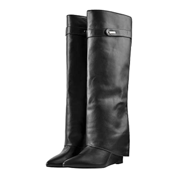 Richealnana Women's Pointy Toe High Heel Black Knee Boots