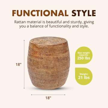 KOUBOO La Jolla Round Rattan Stool, Side Table, Handmade, Extra Seating, Patio, Living Room, Boho De...