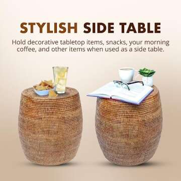 KOUBOO La Jolla Round Rattan Stool, Side Table, Handmade, Extra Seating, Patio, Living Room, Boho Decor, End Table, Honey Brown, 18" by 18"