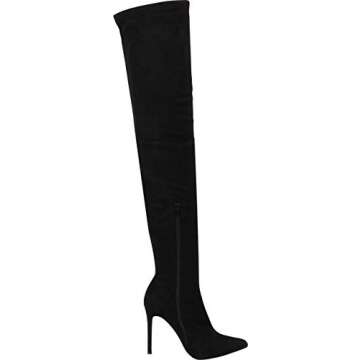 Liliana DB54 Women Suede Pointy Toe Thigh High Single Sole Stiletto Boot,Black,7