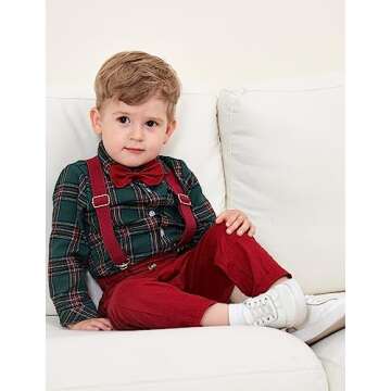 DANGKAEN Baby Boy Clothes Toddler Suits, Outfits Gentleman Dress Shirt +Bowtie + Suspender Pants Outfit Set Wedding Burgundy 4-5T