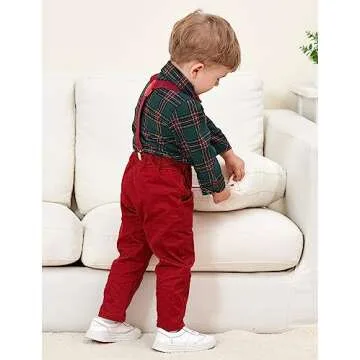 DANGKAEN Baby Boy Clothes Toddler Suits, Outfits Gentleman Dress Shirt +Bowtie + Suspender Pants Outfit Set Wedding Burgundy 4-5T