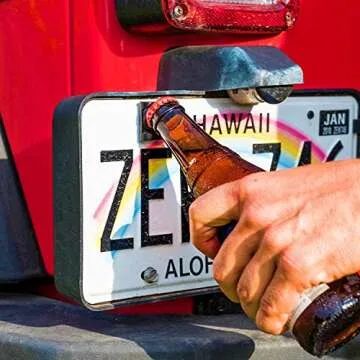 Wanty Rear License Plate Mounted Bottle Opener Tailgate Accessory fits Jeep Wrangler JL, JK, JKU and TJ Models - Awesome for Tailgating and a Great Addition to Your Jeep Wrangler Accessories