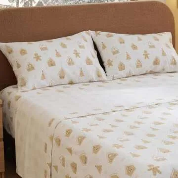 Bedsure Flannel Sheets Queen Size, Holiday Pattern Cotton Sheets for Queen Size Bed, Ultra Soft & Comfort, Deep Pockets 16 Inches Warm Bedsheets, Almond Buff