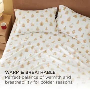 Bedsure Flannel Sheets Queen Size, Holiday Pattern Cotton Sheets for Queen Size Bed, Ultra Soft & Comfort, Deep Pockets 16 Inches Warm Bedsheets, Almond Buff