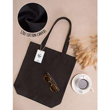 Lily queen Natural Canvas Tote Bags DIY Reusable Shopping Grocery Bag (Black - 6 Pack)