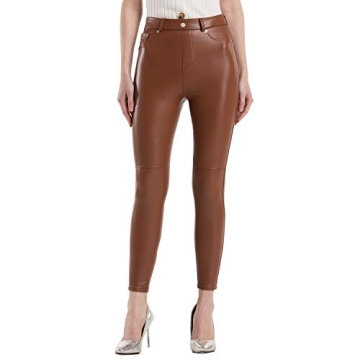 Tagoo Faux Leather Leggings for Women High Waisted Pleather Pants Stretch Tights with Pockets Brown