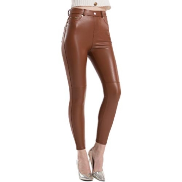Tagoo Faux Leather Leggings for Women High Waisted Pleather Pants Stretch Tights with Pockets Brown