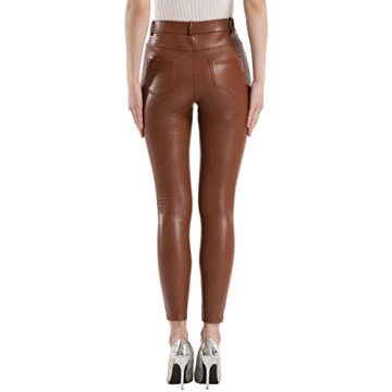Tagoo Faux Leather Leggings for Women High Waisted Pleather Pants Stretch Tights with Pockets Brown