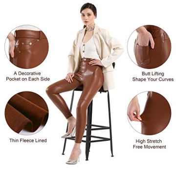 Tagoo Faux Leather Leggings for Women High Waisted Pleather Pants Stretch Tights with Pockets Brown