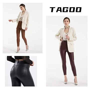 Tagoo Faux Leather Leggings for Women High Waisted Pleather Pants Stretch Tights with Pockets Brown