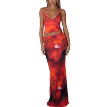 KSOTUTM Maxi Skirt Set Floral Print Halter Top Maxi Skirt Sexy Going Out Outfits for Women Orange