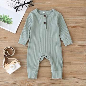 Kuriozud Newborn Infant Unisex Baby Boy Girl Button Solid Romper Bodysuit One Piece Jumpsuit Outfits Clothes (Long Sleeve One Piece Light Green, 3-6 Months)
