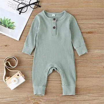 Kuriozud Newborn Infant Unisex Baby Boy Girl Button Solid Romper Bodysuit One Piece Jumpsuit Outfits Clothes (Long Sleeve One Piece Light Green, 3-6 Months)
