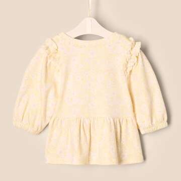 Amazon Essentials x Sofia Grainge Toddler Girls' 3/4 Sleeve Knit Top, Pack of 2, Delicate Floral/Round Trees, 2T