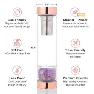 Rose Gold 15 oz Crystal Infused Water Bottles | Relaxing Gifts for Women | Witchcraft Supplies | + Protective Sleeve + Tea Infuser + Removable Crystals (Amethyst)