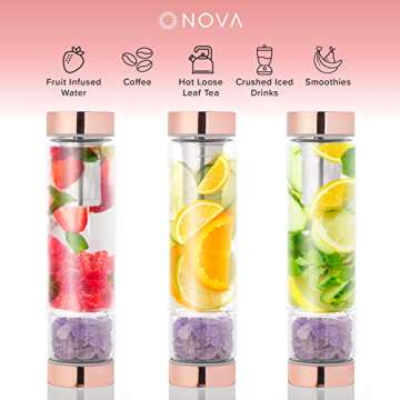 Rose Gold 15 oz Crystal Infused Water Bottles | Relaxing Gifts for Women | Witchcraft Supplies | + Protective Sleeve + Tea Infuser + Removable Crystals (Amethyst)