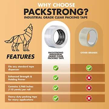 Packstrong Industrial Grade Clear Packing Tape 6 Rolls - 110 Yards per Roll - 3" Wide x 2.0 mil Thick, Acrylic Adhesive Heavy Duty Tape for Box Office Moving Packaging Shipping