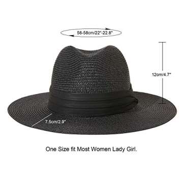 JOYEBUY Womens UPF50 Foldable Summer Straw Hat Wide Brim Fedora Sun Beach hat (Black)