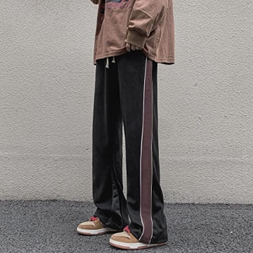 Skateboard Frog Men Sweatpants Patchwork Open Wide Bottom Suede Casual Straight Leg Pants (Black,L)