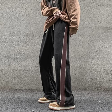 Skateboard Frog Men Sweatpants Patchwork Open Wide Bottom Suede Casual Straight Leg Pants (Black,L)