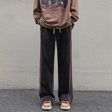 Skateboard Frog Men Sweatpants Patchwork Open Wide Bottom Suede Casual Straight Leg Pants (Black,L)