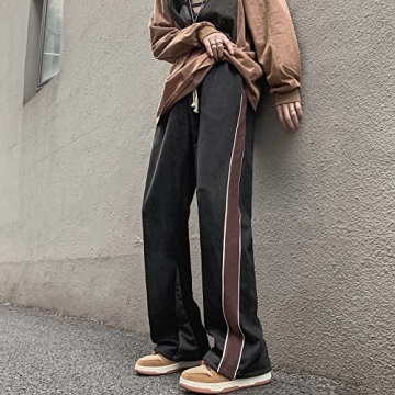 Skateboard Frog Men Sweatpants Patchwork Open Wide Bottom Suede Casual Straight Leg Pants (Black,L)