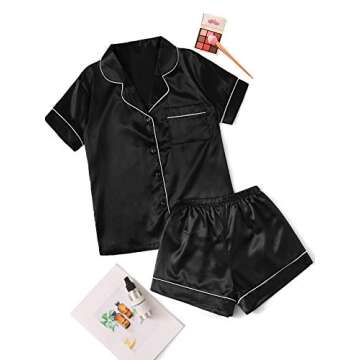 SweatyRocks Women's Short Sleeve Sleepwear Button Down Satin 2 Piece Pajama Set Black Large