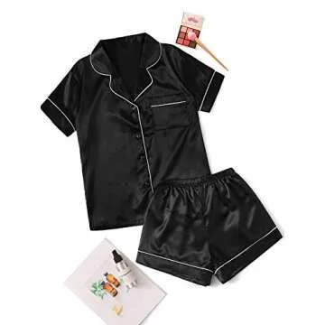 SweatyRocks Women's Short Sleeve Sleepwear Button Down Satin 2 Piece Pajama Set Black Large