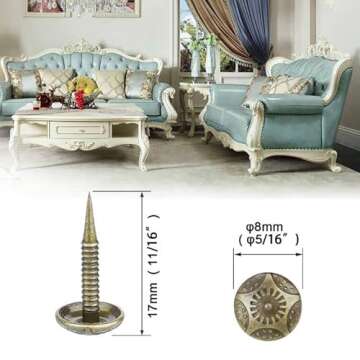 Homdire Upholstery Tacks with Small Head, 5/16 inch Vintage Furniture Tacks Nails for Upholstery, 200pcs Mini Decorative Nails with Threaded Leg, Sofa Tacks for Woods (Antique Brass)