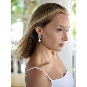Mariell Ivory Pearl Drop Bridal Earrings with Cubic Zirconia Crystals, Large Size Dramatic Statement...