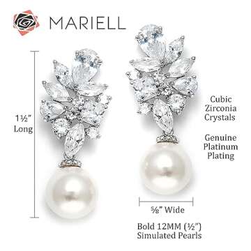 Mariell Ivory Pearl Drop Bridal Earrings with Cubic Zirconia Crystals, Large Size Dramatic Statement Earring, Bridal Jewelry for Wedding, Mother of the Bride