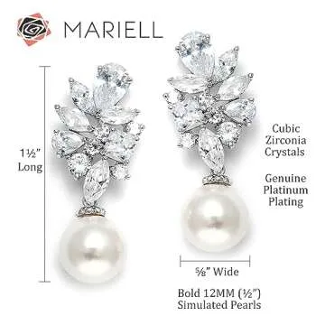 Mariell Ivory Pearl Drop Bridal Earrings with Cubic Zirconia Crystals, Large Size Dramatic Statement Earring, Bridal Jewelry for Wedding, Mother of the Bride