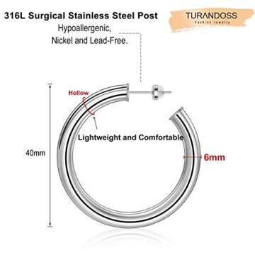 White Gold Hoop Earrings for Women, 14K White Gold Plated Lightweight Chunky Open Hoops 40mm White Gold Hoop Earrings for Women