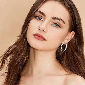 White Gold Hoop Earrings for Women, 14K White Gold Plated Lightweight Chunky Open Hoops 40mm White Gold Hoop Earrings for Women