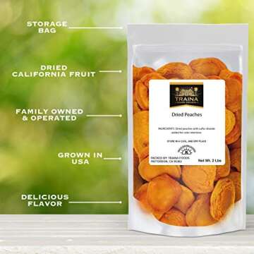Traina Home Grown California Extra Fancy Sun Dried Peach Halves - Healthy, No Sugar Added, Non GMO, Gluten Free, Vegan, Packed in Resealable Pouch (2 lbs)