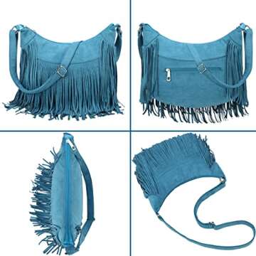 Sunwel Fashion Women Fringe Hobo Bag Western Purse Shoulder Bag Vegan Suede Tassel Hippie Crossbody Bag (Turquoise Blue)