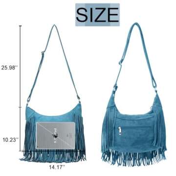 Sunwel Fashion Women Fringe Hobo Bag Western Purse Shoulder Bag Vegan Suede Tassel Hippie Crossbody Bag (Turquoise Blue)