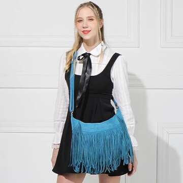 Sunwel Fashion Women Fringe Hobo Bag Western Purse Shoulder Bag Vegan Suede Tassel Hippie Crossbody Bag (Turquoise Blue)