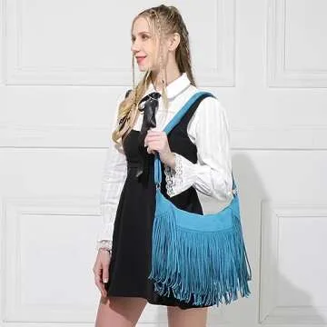 Sunwel Fashion Women Fringe Hobo Bag Western Purse Shoulder Bag Vegan Suede Tassel Hippie Crossbody Bag (Turquoise Blue)