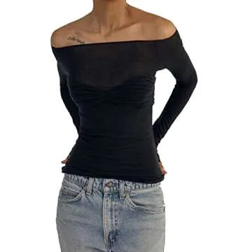 Trendy Women's Long Sleeve Off Shoulder Crop Top - Y2K Style