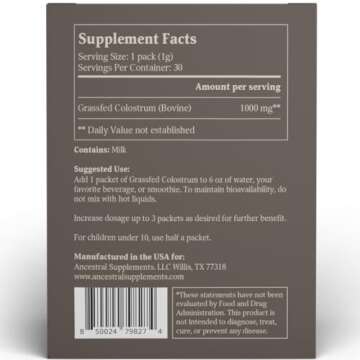 Ancestral Supplements Grass Fed Beef Bovine Colostrum Powder Packets, Immune Support Supplement, Gut...